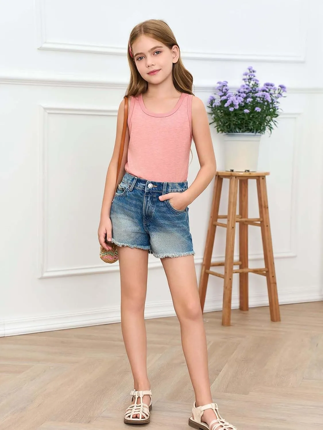 Haloumoning Girls Tank Tops Kids Summer Crewneck Sleeveless Shirts Dancewear 5-14 Years