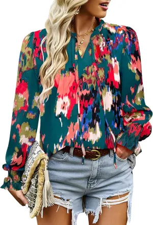 HOTOUCH Womens Long Sleeve Tops Boho Floral Printed Blouses Casual V Neck Pleated Drawstring Peasant Shirts