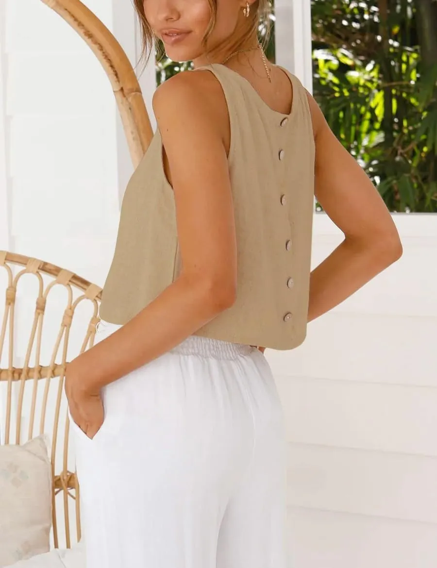 IDEALSANXUN Womens Linen Crop Tank Tops Cute Summer Sleeveless Cropped Linen Tops