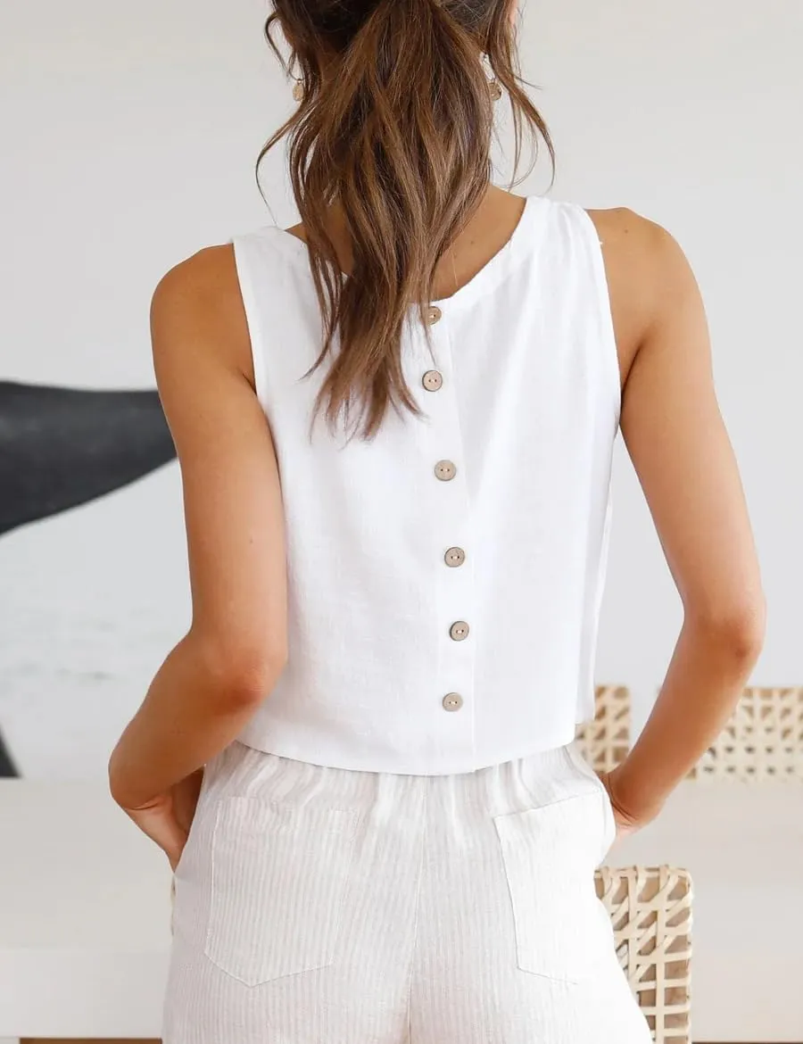 IDEALSANXUN Womens Linen Crop Tank Tops Cute Summer Sleeveless Cropped Linen Tops