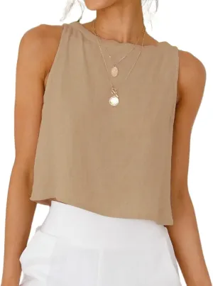 IDEALSANXUN Womens Linen Crop Tank Tops Cute Summer Sleeveless Cropped Linen Tops