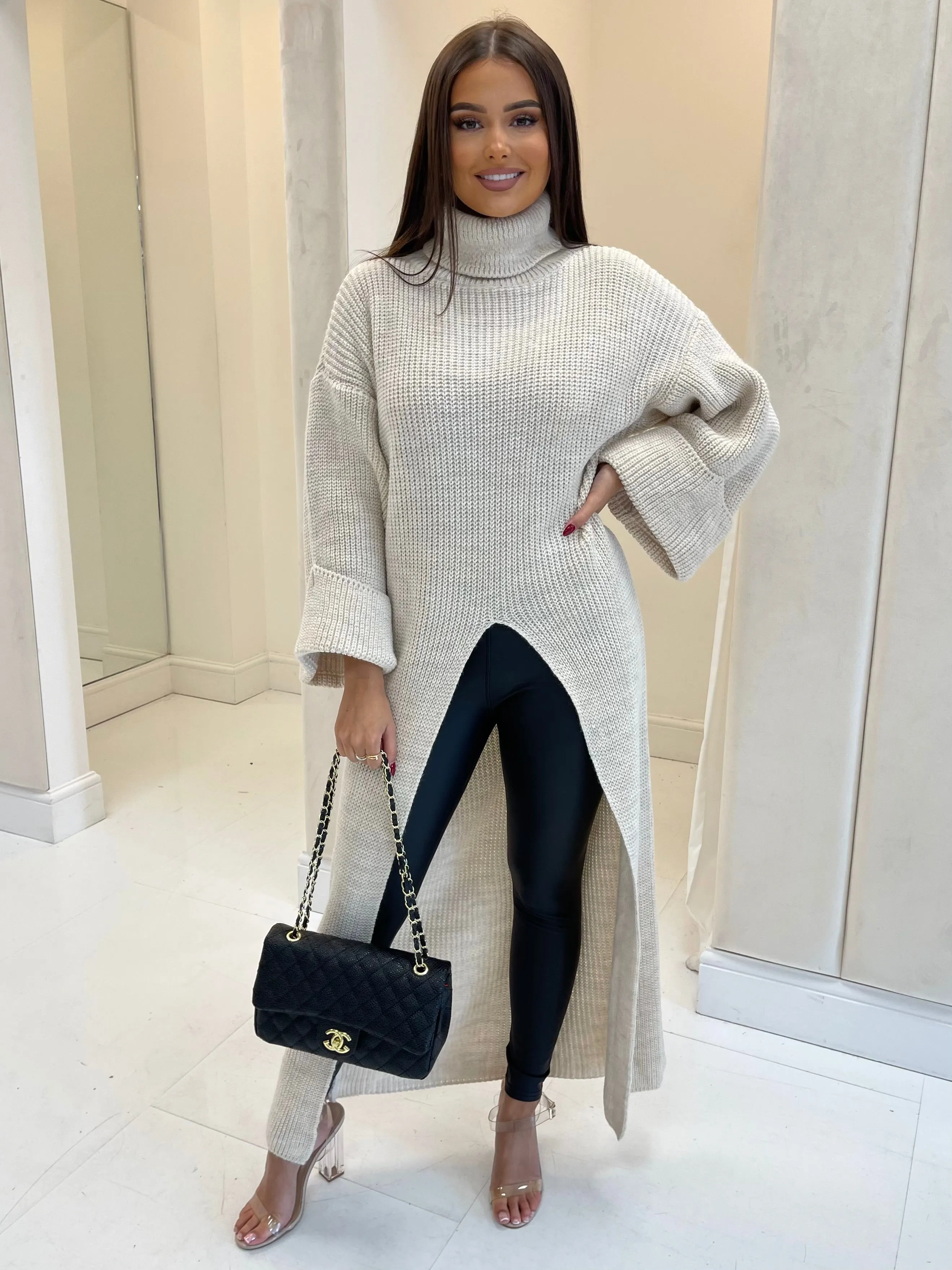 JULIA BEIGE KNIT SPLIT JUMPER