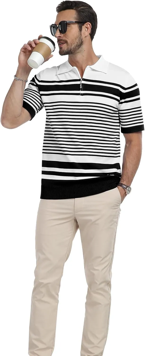 KUYIGO Men's Knit Collared Polo Shirts Short Sleeve Zipper Striped Tops Classic Fit Casual Soft T-Shirt