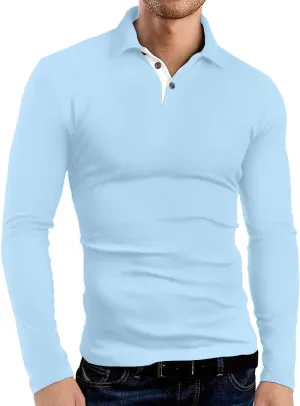 KUYIGO Men's Long Sleeve Polo Shirts Casual Slim Fit Basic Designed Cotton Shirt Tops