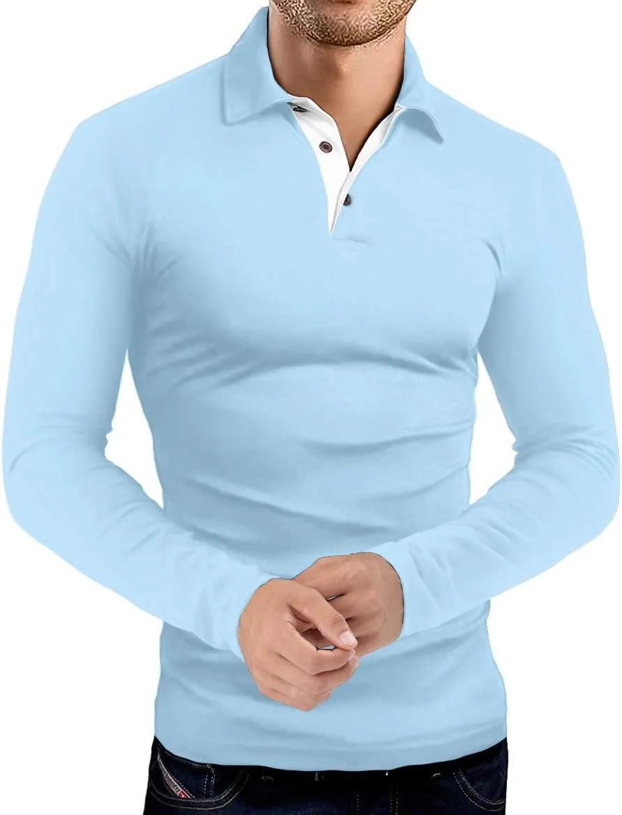 KUYIGO Men's Long Sleeve Polo Shirts Casual Slim Fit Basic Designed Cotton Shirt Tops