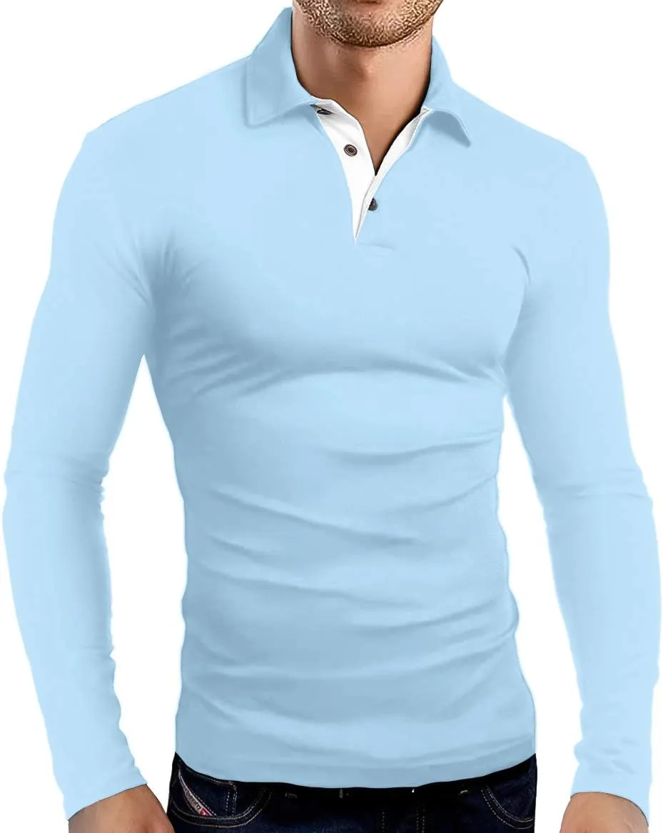 KUYIGO Men's Long Sleeve Polo Shirts Casual Slim Fit Basic Designed Cotton Shirt Tops