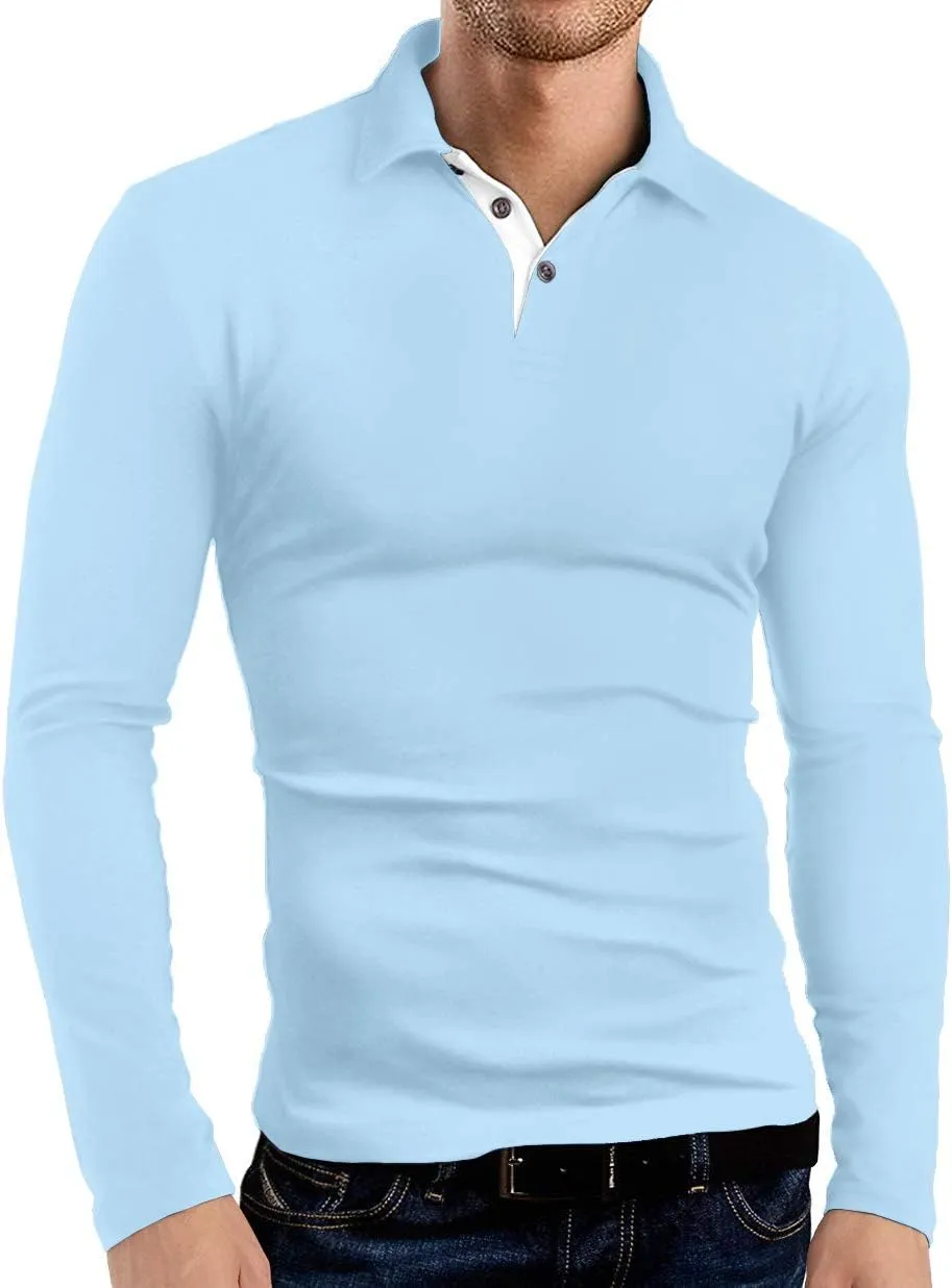 KUYIGO Men's Long Sleeve Polo Shirts Casual Slim Fit Basic Designed Cotton Shirt Tops