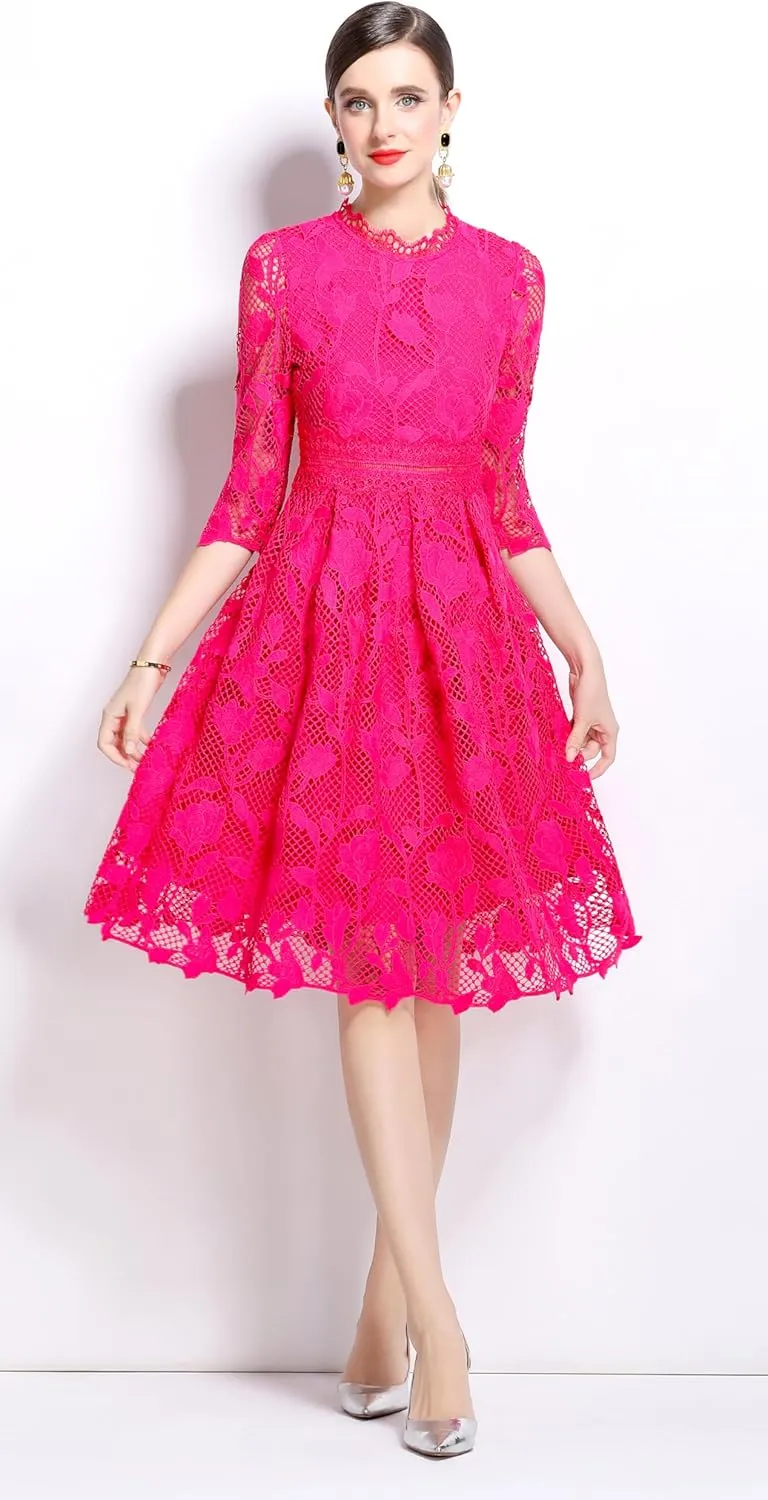 LAI MENG FIVE CATS Womens 3/4 Sleeve Flowy Lace Floral Elegant Crew Neck Crochet Waist Party Dress