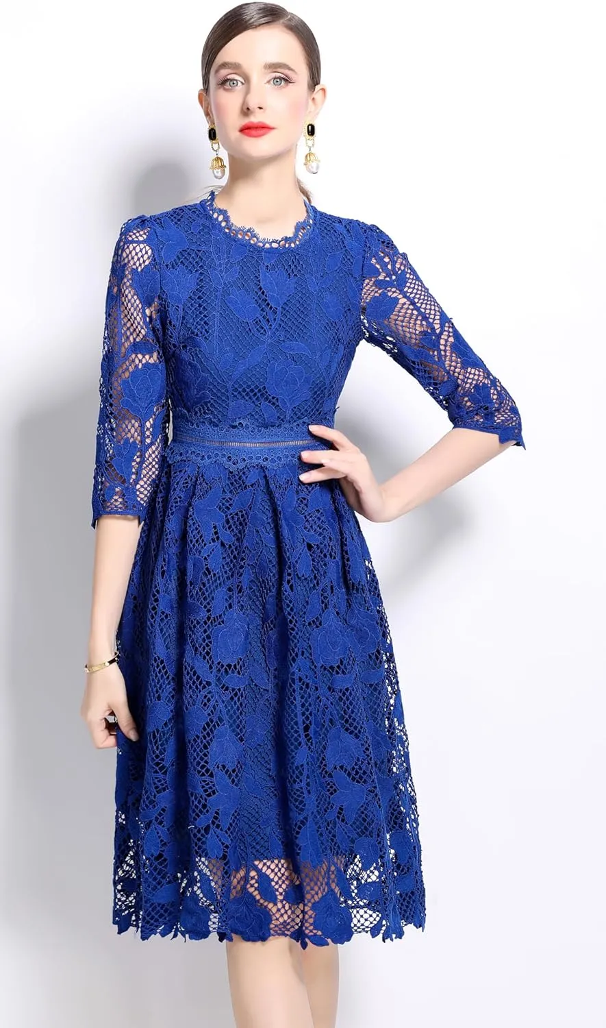 LAI MENG FIVE CATS Womens 3/4 Sleeve Flowy Lace Floral Elegant Crew Neck Crochet Waist Party Dress
