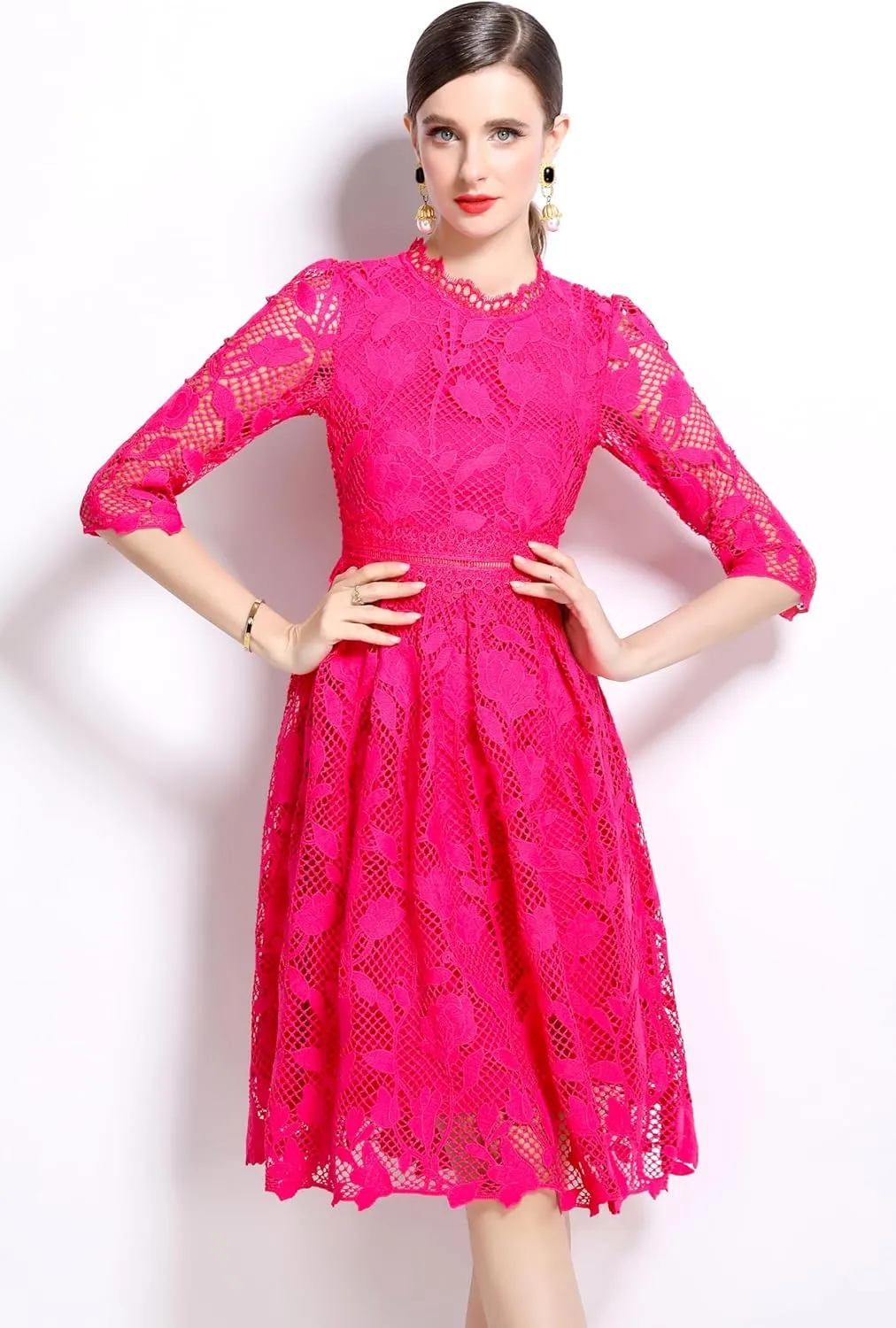 LAI MENG FIVE CATS Womens 3/4 Sleeve Flowy Lace Floral Elegant Crew Neck Crochet Waist Party Dress