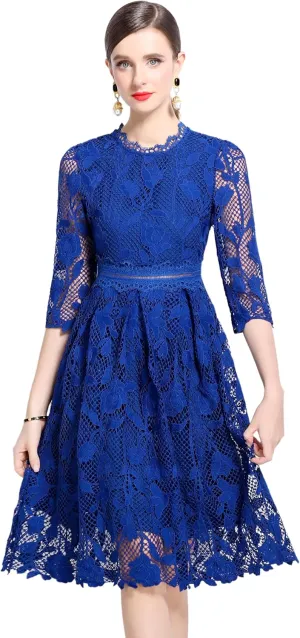 LAI MENG FIVE CATS Womens 3/4 Sleeve Flowy Lace Floral Elegant Crew Neck Crochet Waist Party Dress