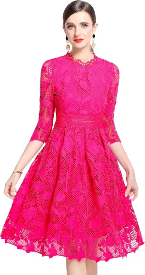 LAI MENG FIVE CATS Womens 3/4 Sleeve Flowy Lace Floral Elegant Crew Neck Crochet Waist Party Dress
