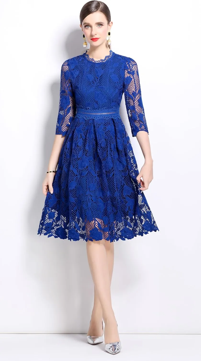 LAI MENG FIVE CATS Womens 3/4 Sleeve Flowy Lace Floral Elegant Crew Neck Crochet Waist Party Dress