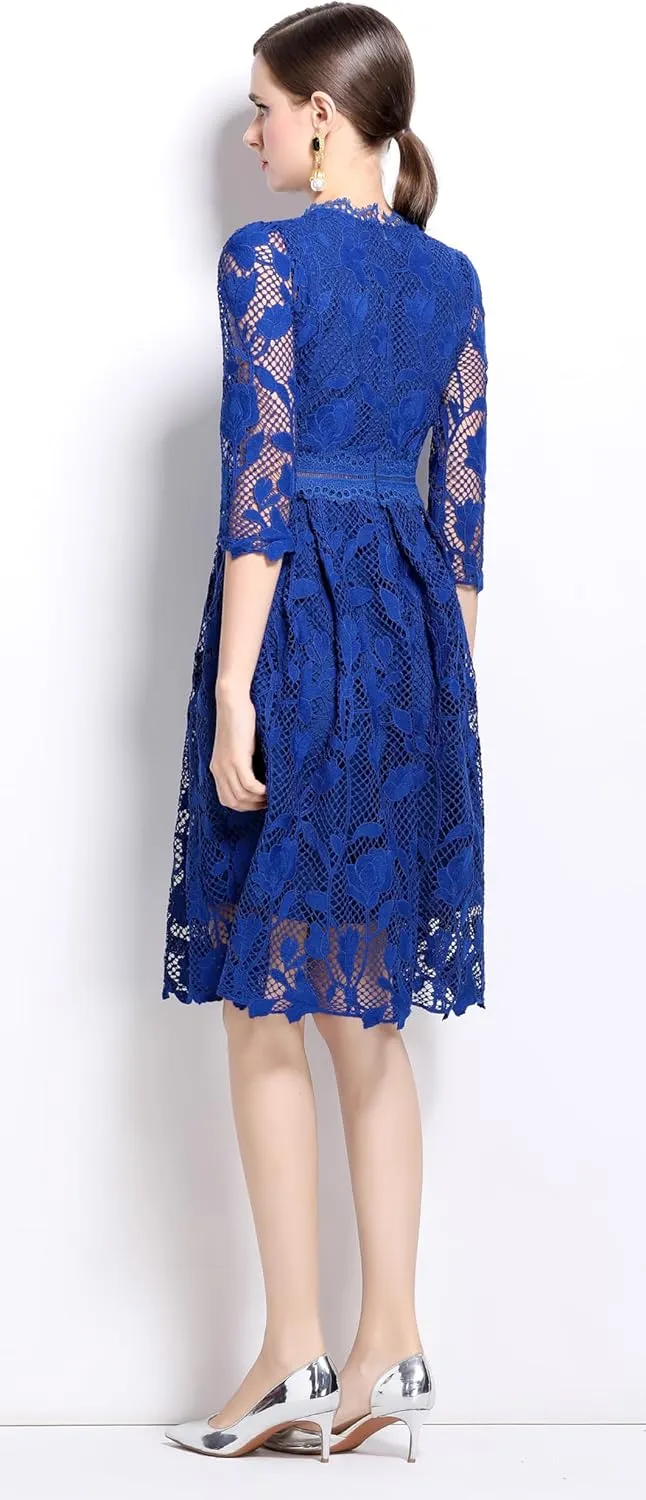 LAI MENG FIVE CATS Womens 3/4 Sleeve Flowy Lace Floral Elegant Crew Neck Crochet Waist Party Dress