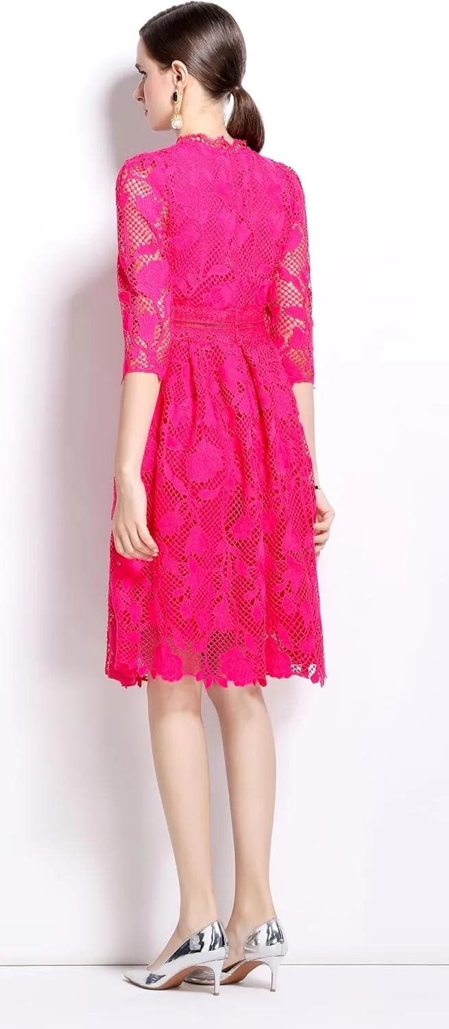 LAI MENG FIVE CATS Womens 3/4 Sleeve Flowy Lace Floral Elegant Crew Neck Crochet Waist Party Dress