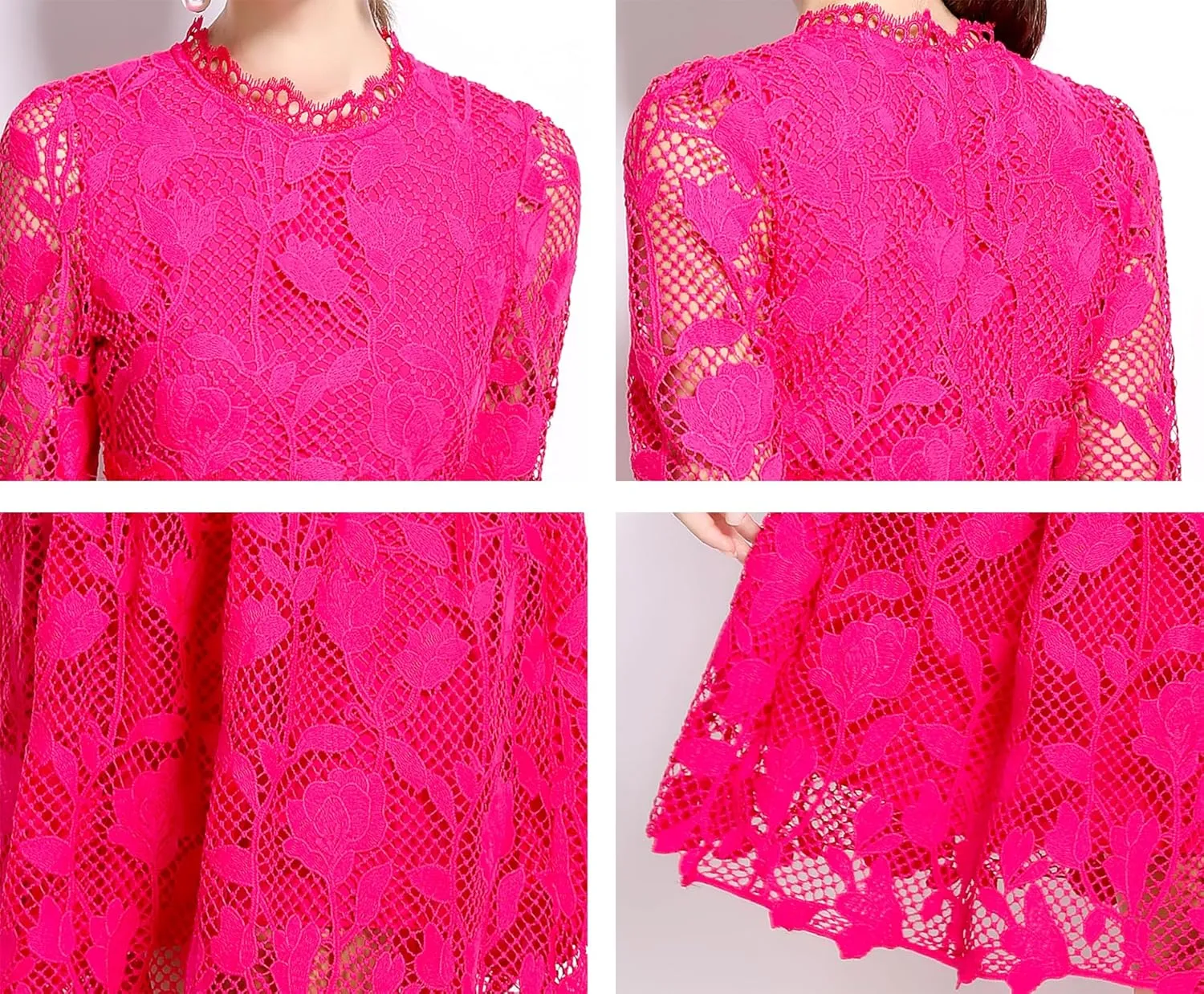 LAI MENG FIVE CATS Womens 3/4 Sleeve Flowy Lace Floral Elegant Crew Neck Crochet Waist Party Dress