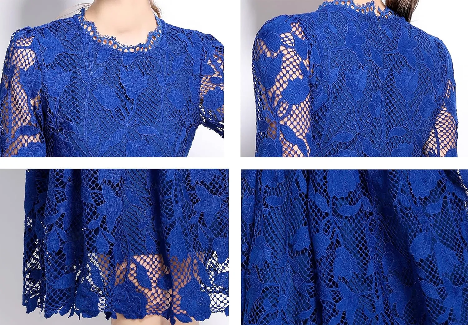 LAI MENG FIVE CATS Womens 3/4 Sleeve Flowy Lace Floral Elegant Crew Neck Crochet Waist Party Dress