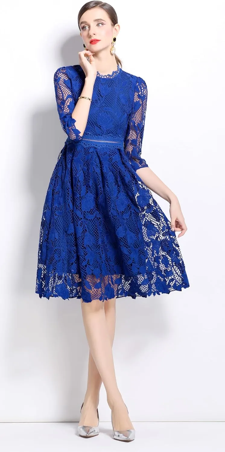 LAI MENG FIVE CATS Womens 3/4 Sleeve Flowy Lace Floral Elegant Crew Neck Crochet Waist Party Dress