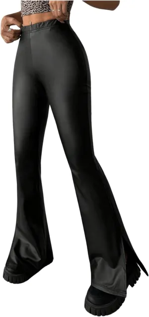 MakeMeChic Women's Faux Leather Flared Pants Party High Waisted Leather Pants Bell Bottom