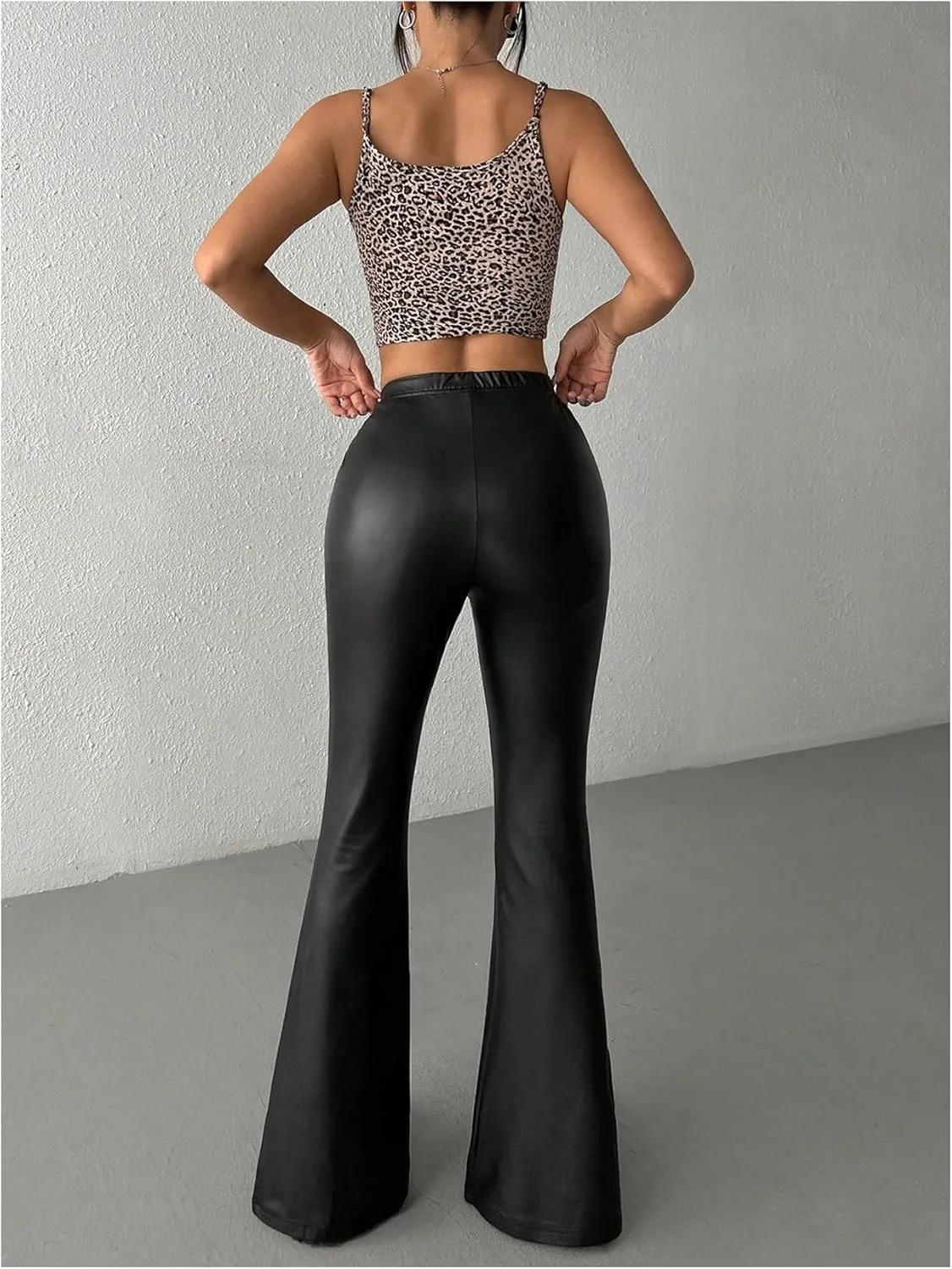 MakeMeChic Women's Faux Leather Flared Pants Party High Waisted Leather Pants Bell Bottom