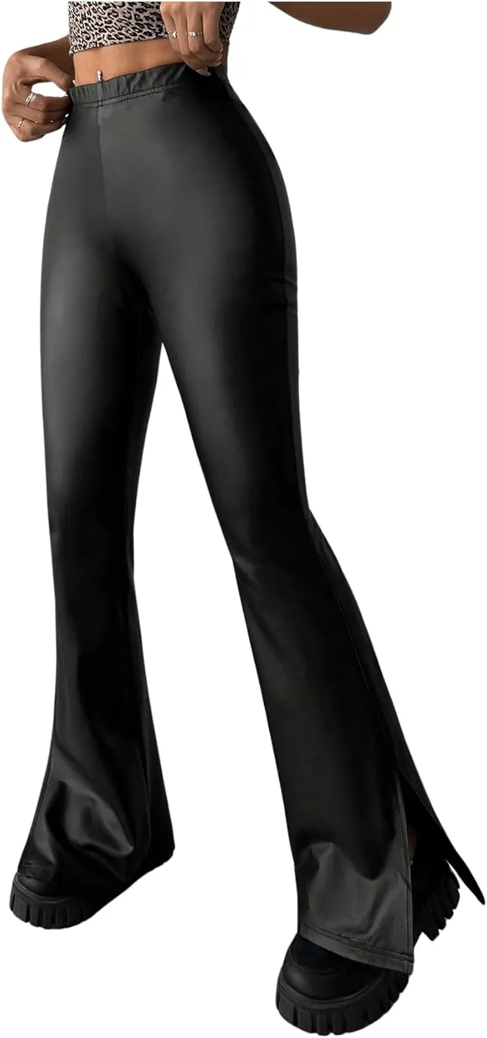 MakeMeChic Women's Faux Leather Flared Pants Party High Waisted Leather Pants Bell Bottom