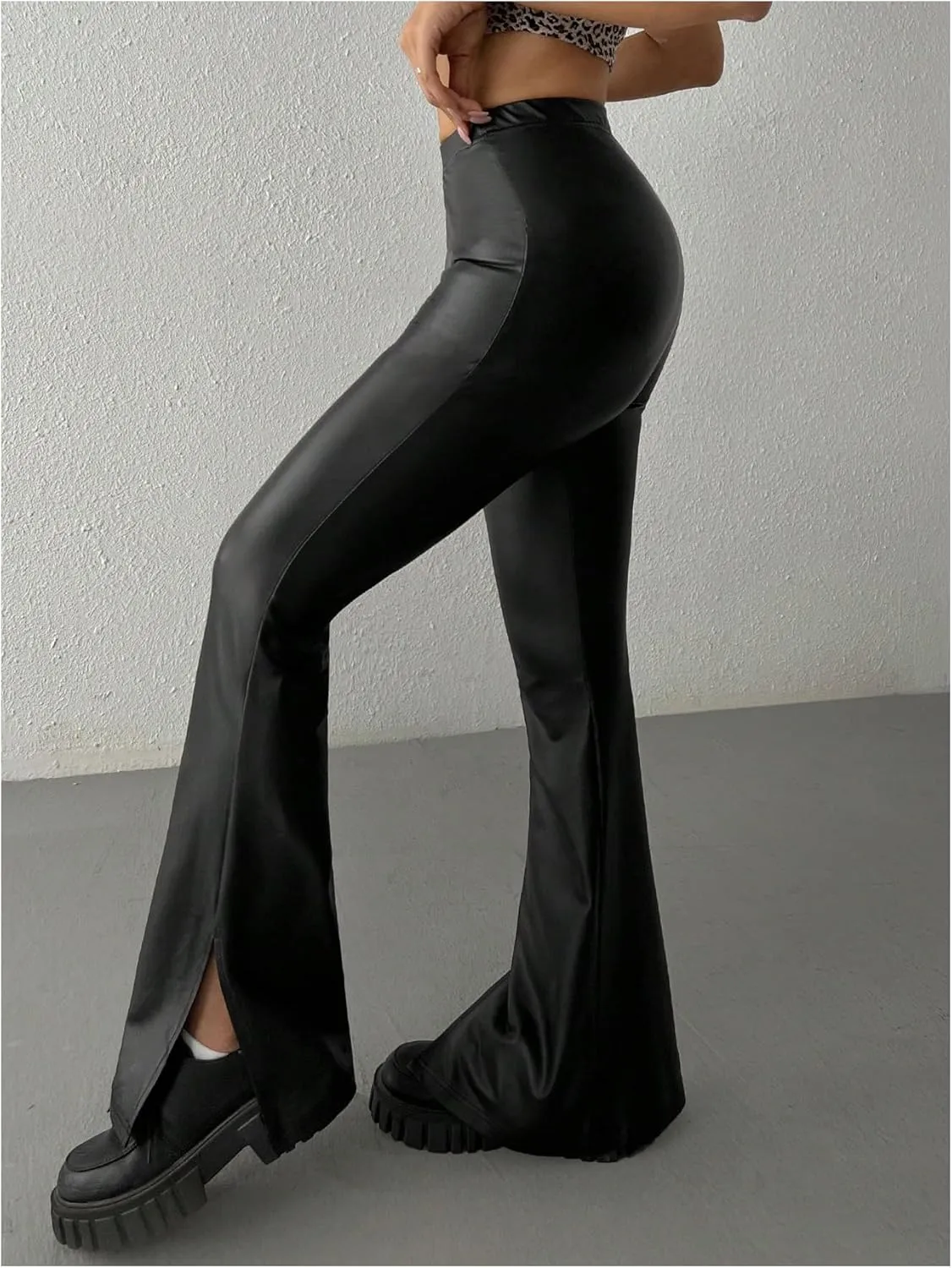 MakeMeChic Women's Faux Leather Flared Pants Party High Waisted Leather Pants Bell Bottom