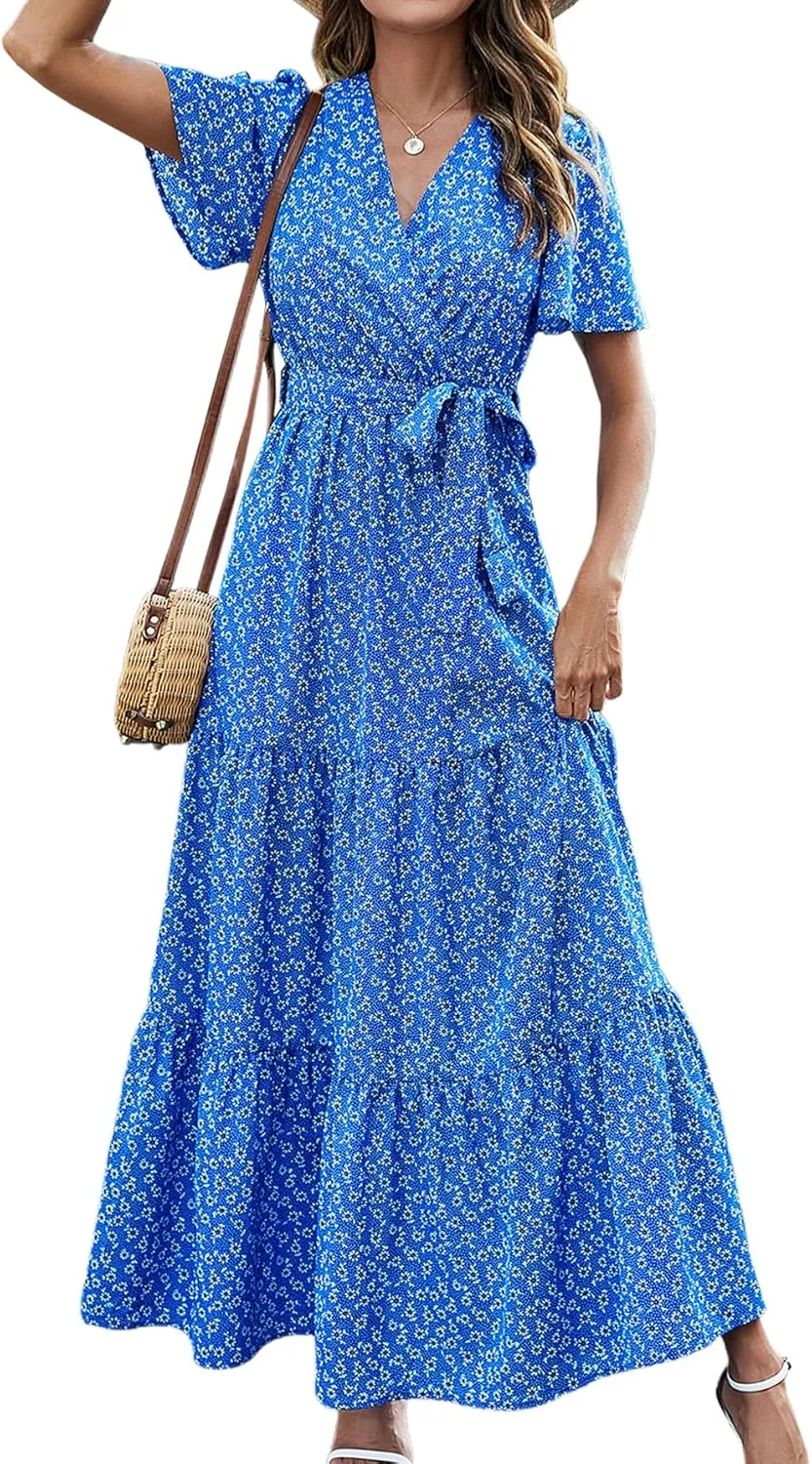 MASCOMODA Womens Summer Swiss Dot Maxi Dressses Wrap V Neck Flutter Short Sleeve Boho Casual Flowy Long Wedding Guest Dress
