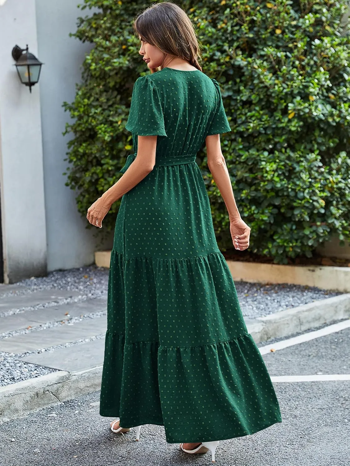 MASCOMODA Womens Summer Swiss Dot Maxi Dressses Wrap V Neck Flutter Short Sleeve Boho Casual Flowy Long Wedding Guest Dress