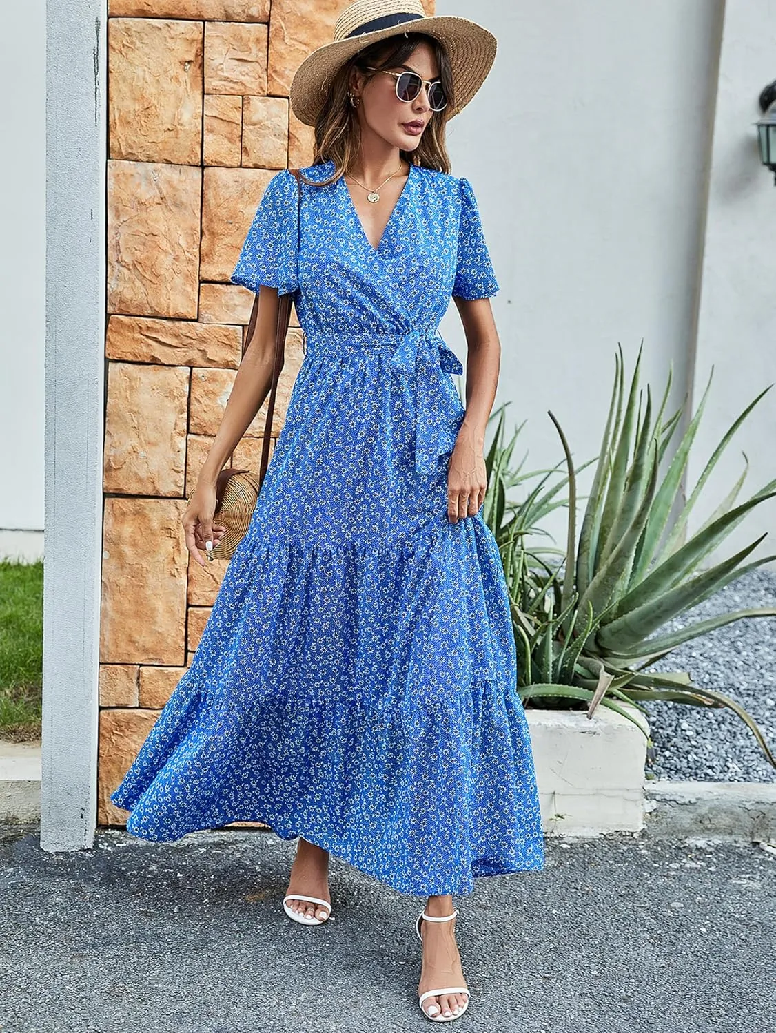 MASCOMODA Womens Summer Swiss Dot Maxi Dressses Wrap V Neck Flutter Short Sleeve Boho Casual Flowy Long Wedding Guest Dress