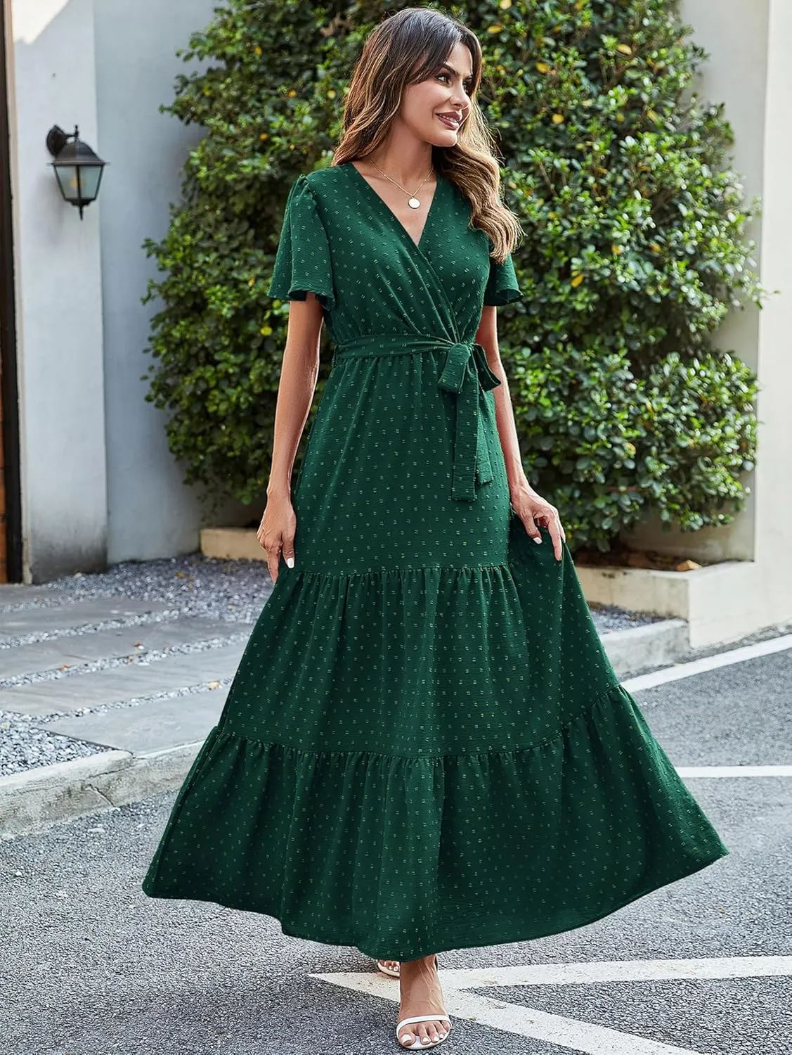 MASCOMODA Womens Summer Swiss Dot Maxi Dressses Wrap V Neck Flutter Short Sleeve Boho Casual Flowy Long Wedding Guest Dress