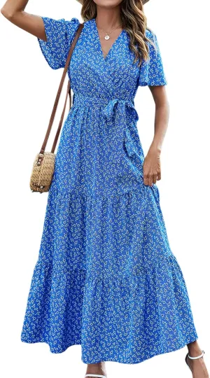 MASCOMODA Womens Summer Swiss Dot Maxi Dressses Wrap V Neck Flutter Short Sleeve Boho Casual Flowy Long Wedding Guest Dress