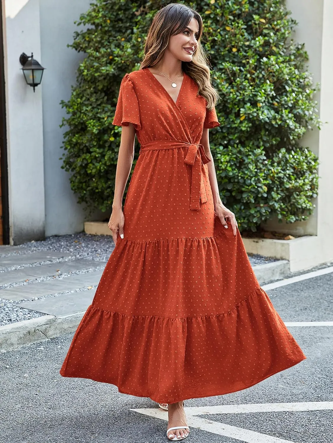 MASCOMODA Womens Summer Swiss Dot Maxi Dressses Wrap V Neck Flutter Short Sleeve Boho Casual Flowy Long Wedding Guest Dress