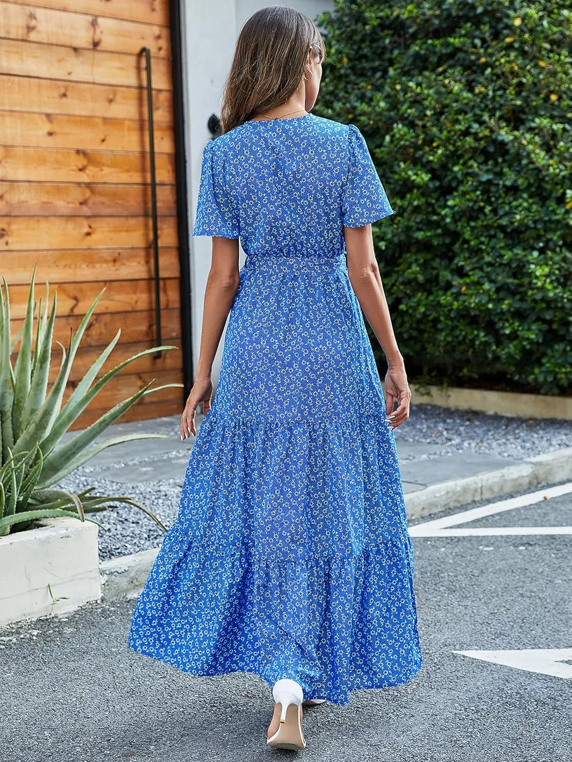 MASCOMODA Womens Summer Swiss Dot Maxi Dressses Wrap V Neck Flutter Short Sleeve Boho Casual Flowy Long Wedding Guest Dress