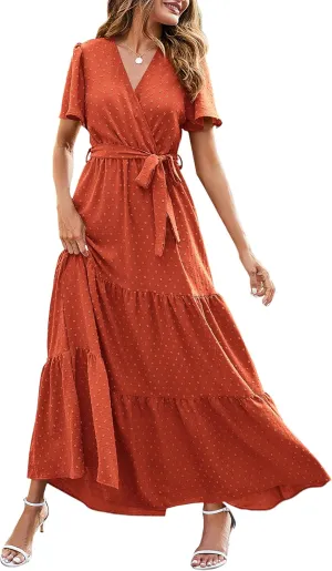 MASCOMODA Womens Summer Swiss Dot Maxi Dressses Wrap V Neck Flutter Short Sleeve Boho Casual Flowy Long Wedding Guest Dress