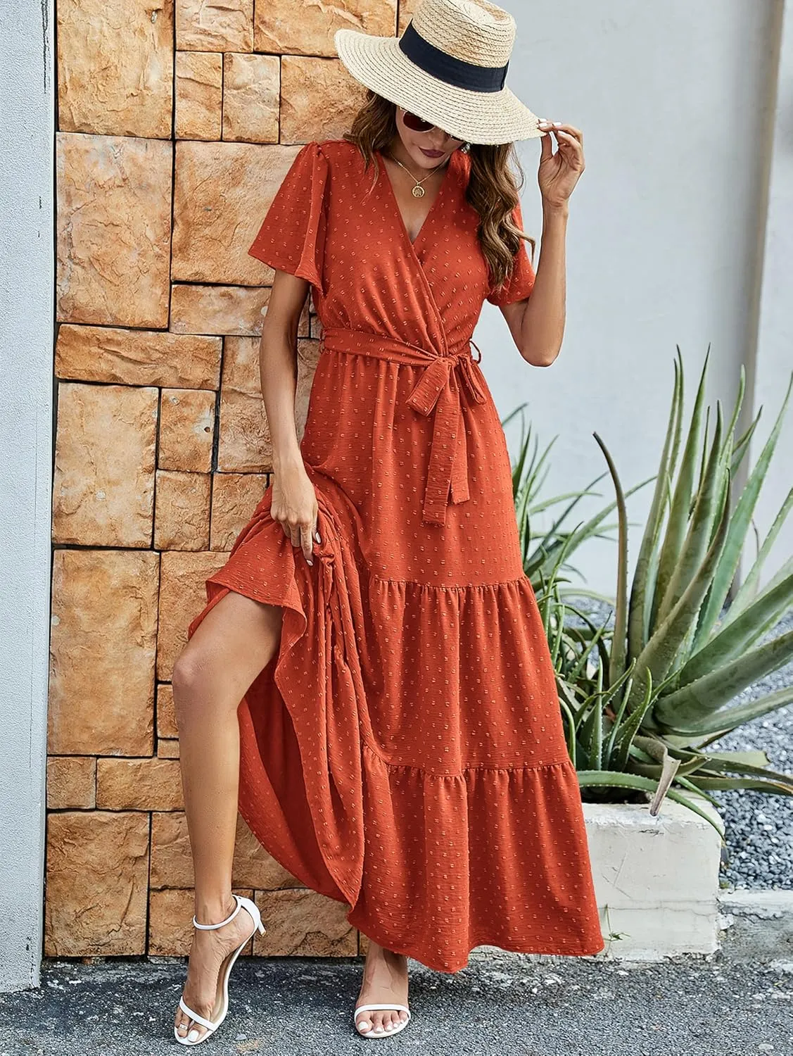 MASCOMODA Womens Summer Swiss Dot Maxi Dressses Wrap V Neck Flutter Short Sleeve Boho Casual Flowy Long Wedding Guest Dress
