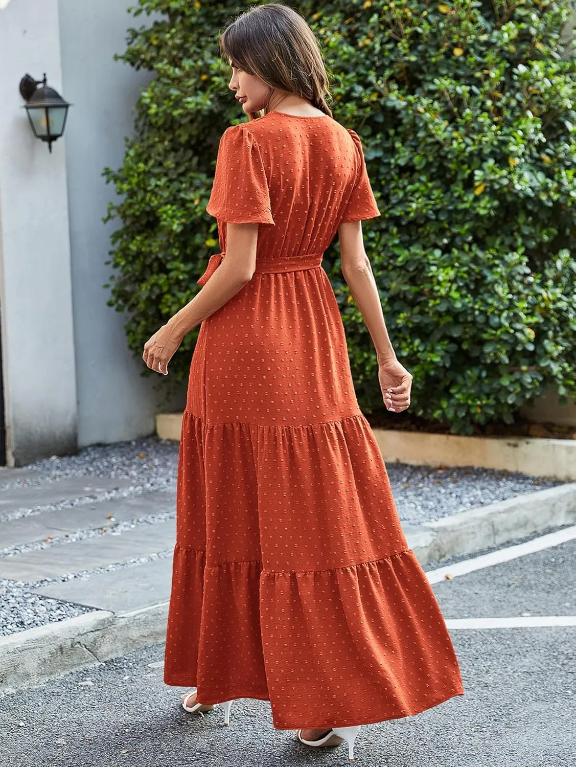 MASCOMODA Womens Summer Swiss Dot Maxi Dressses Wrap V Neck Flutter Short Sleeve Boho Casual Flowy Long Wedding Guest Dress