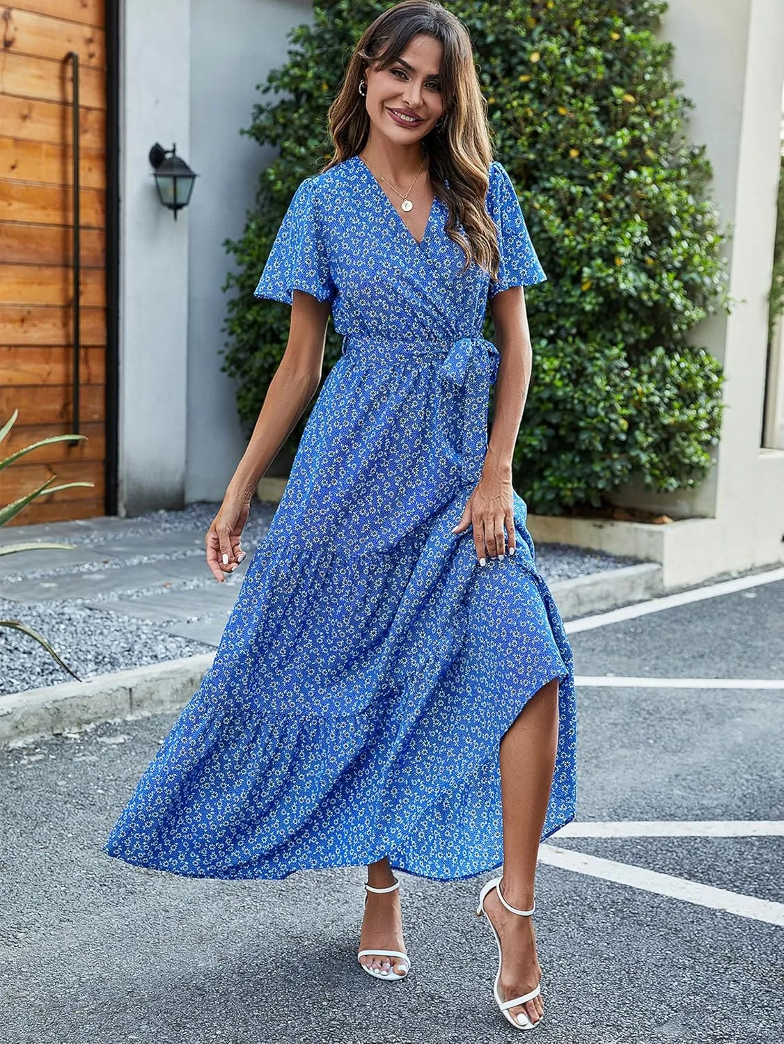 MASCOMODA Womens Summer Swiss Dot Maxi Dressses Wrap V Neck Flutter Short Sleeve Boho Casual Flowy Long Wedding Guest Dress