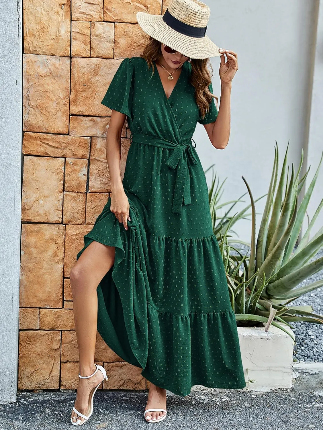 MASCOMODA Womens Summer Swiss Dot Maxi Dressses Wrap V Neck Flutter Short Sleeve Boho Casual Flowy Long Wedding Guest Dress