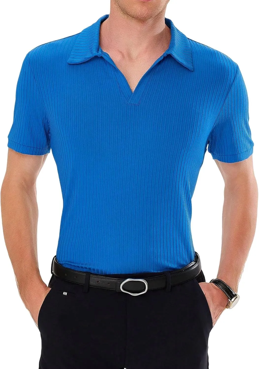 Men's Ribbed Short Sleeve Polo Shirt, Performance Fabric, Odor Resistant, Gym to Office Wear