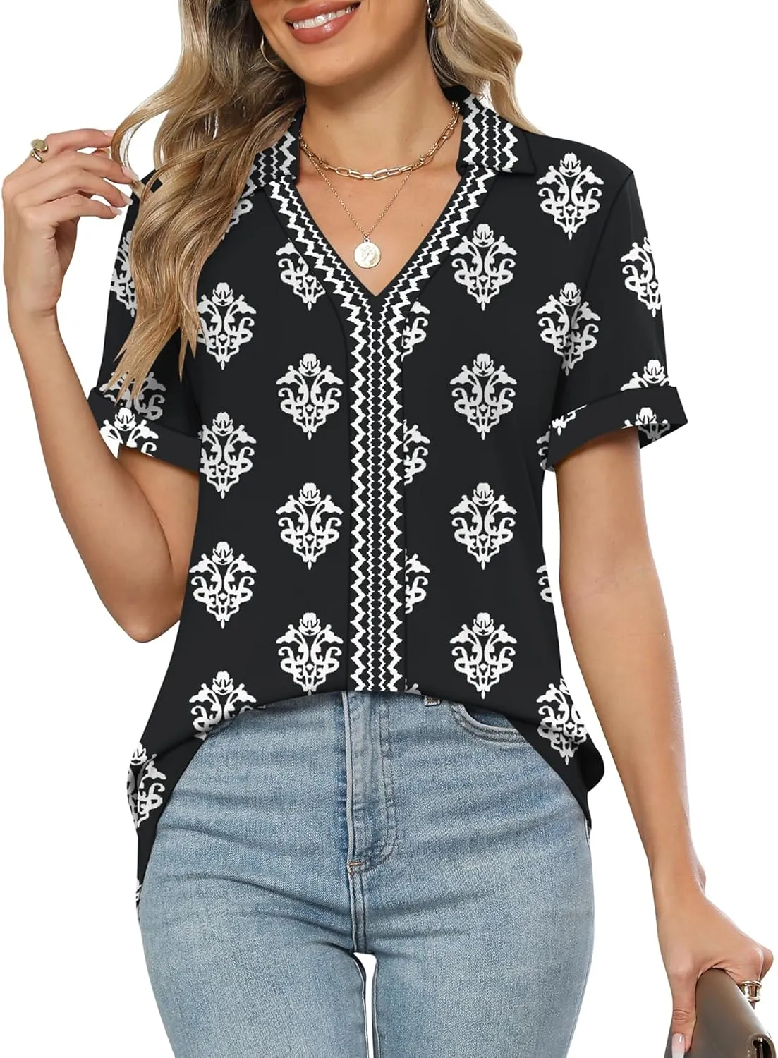 Micoson Womens Polo Shirts Dressy V Neck Business Casual Tops Lapel Collar Short Sleeve Summer Shirts Loose Fit Work Blouses