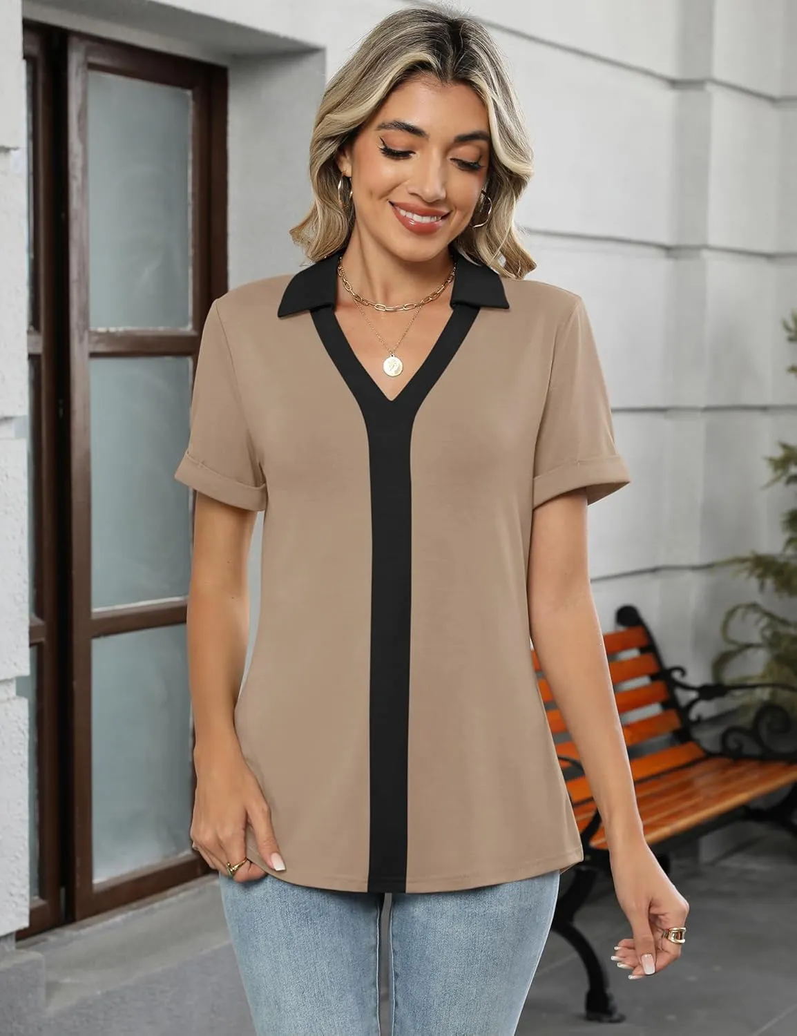 Micoson Womens Polo Shirts Dressy V Neck Business Casual Tops Lapel Collar Short Sleeve Summer Shirts Loose Fit Work Blouses