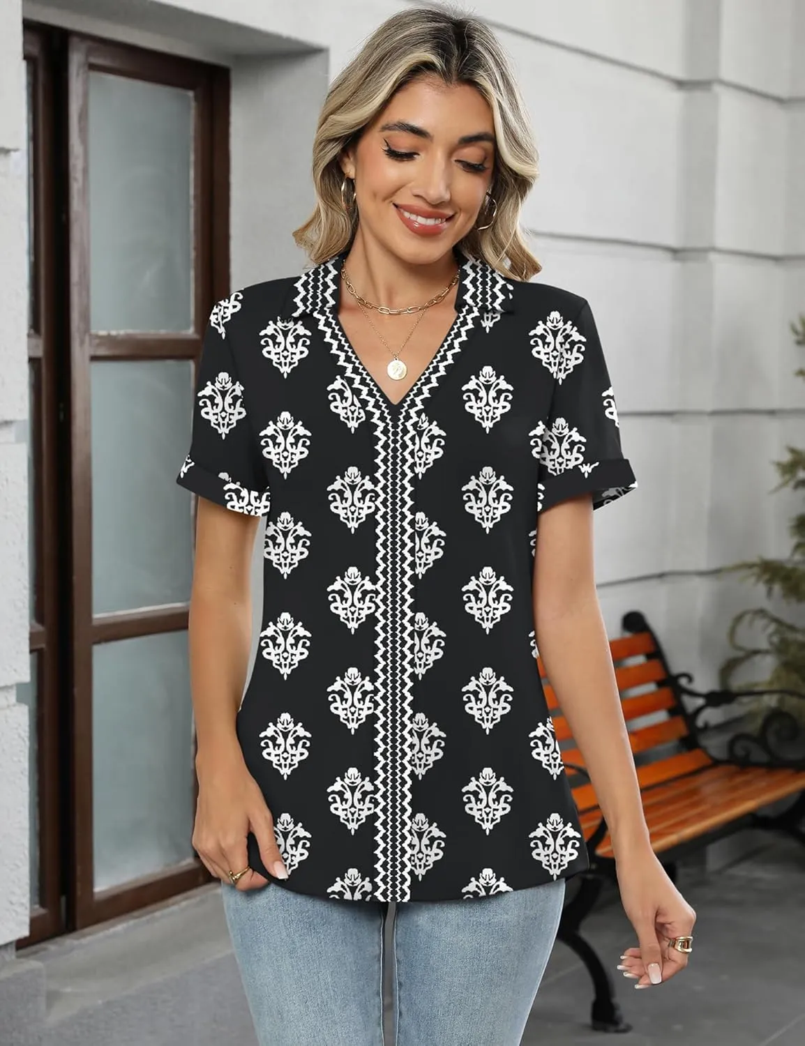 Micoson Womens Polo Shirts Dressy V Neck Business Casual Tops Lapel Collar Short Sleeve Summer Shirts Loose Fit Work Blouses