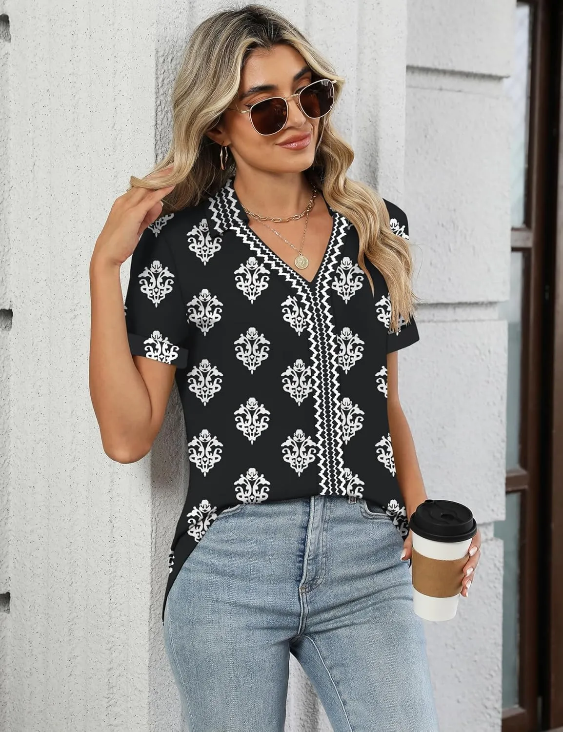 Micoson Womens Polo Shirts Dressy V Neck Business Casual Tops Lapel Collar Short Sleeve Summer Shirts Loose Fit Work Blouses