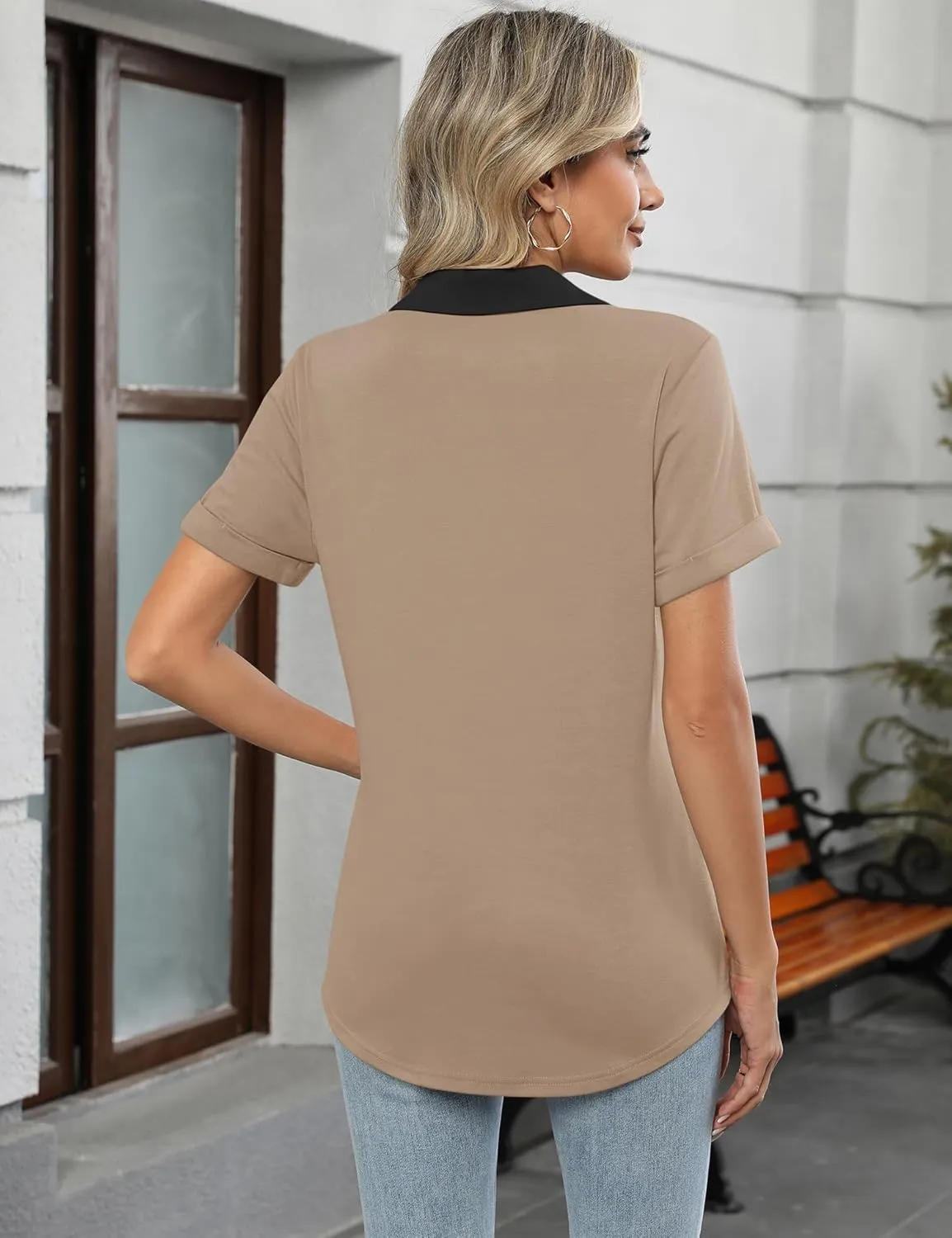 Micoson Womens Polo Shirts Dressy V Neck Business Casual Tops Lapel Collar Short Sleeve Summer Shirts Loose Fit Work Blouses
