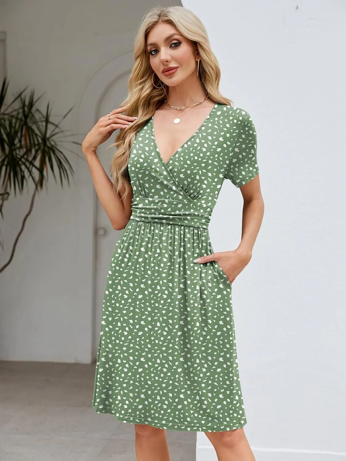 Naggoo Womens Summer Dresses for Women 2025 Spring Floral Short Sundress Short Sleeve Wrap V Neck Casual Dress with Pockets