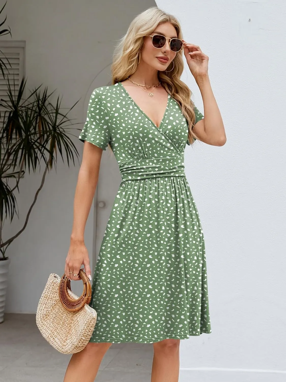 Naggoo Womens Summer Dresses for Women 2025 Spring Floral Short Sundress Short Sleeve Wrap V Neck Casual Dress with Pockets