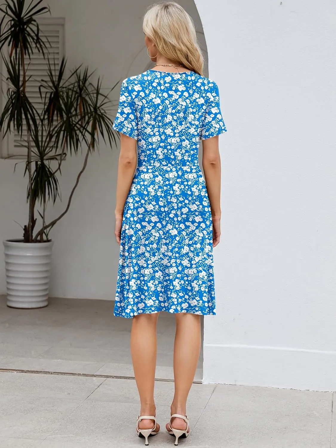 Naggoo Womens Summer Dresses for Women 2025 Spring Floral Short Sundress Short Sleeve Wrap V Neck Casual Dress with Pockets
