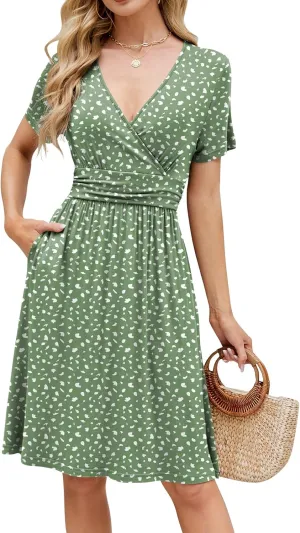 Naggoo Womens Summer Dresses for Women 2025 Spring Floral Short Sundress Short Sleeve Wrap V Neck Casual Dress with Pockets
