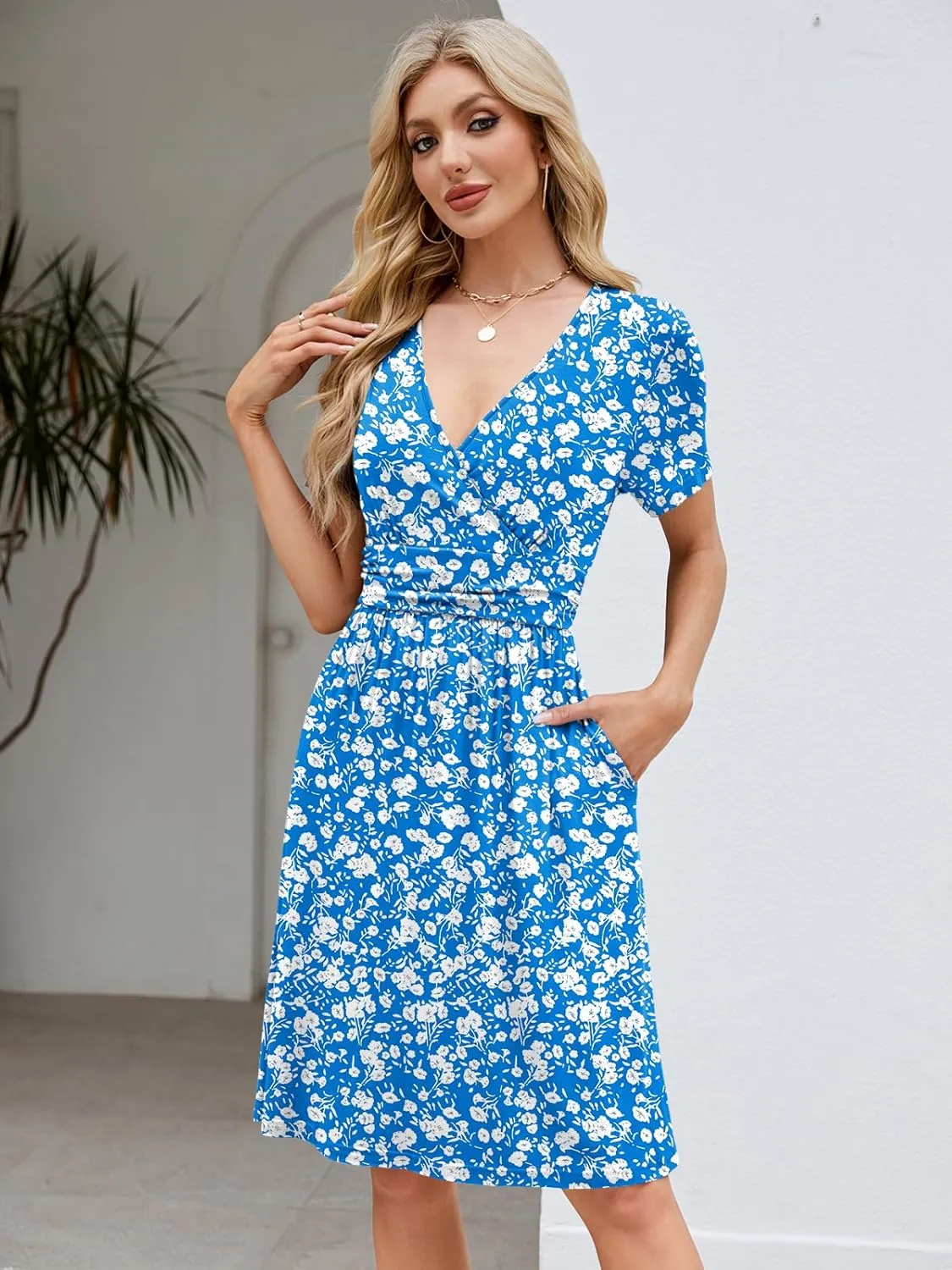 Naggoo Womens Summer Dresses for Women 2025 Spring Floral Short Sundress Short Sleeve Wrap V Neck Casual Dress with Pockets