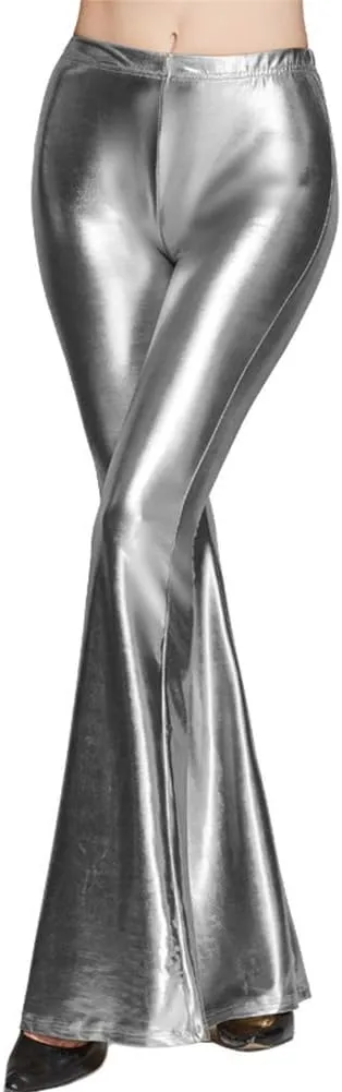 ODIZLI Womens Metallic Leather Slim Fit Bootcut Flared Palazzo Pant Bell-Bottom Trousers